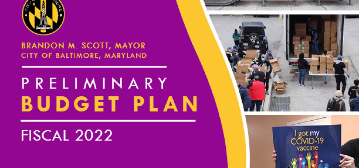 Cover of Fiscal 2022 Preliminary Budget Plan book. Includes photo of woman standing by house near flowers, children at a bus stop sculpture that spells out bus, food distribution site, and older adult with two young children at COVID vaccine site.
